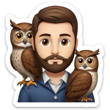 portrait man long brown hair brown eyes medium beard white skin with owl perched on shoulder sticker