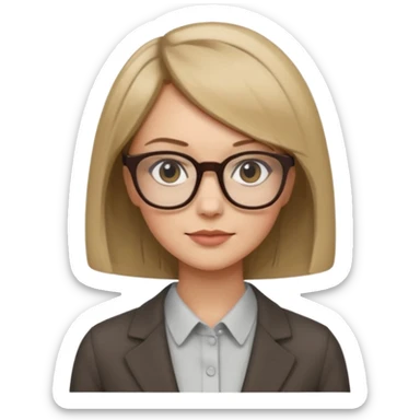 woman dark blonde petite bob haircut wears dark squarish glasses, classic clothes sticker