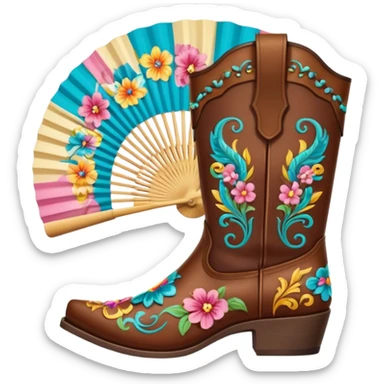 Cowboy boots in front of an open hand held fan sticker