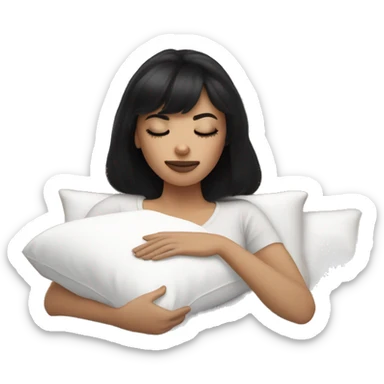 Woman pale skin black hair with bangs sleeping in bed with pillow, white woman sticker