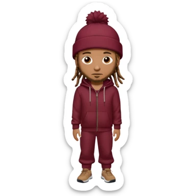 Animate a caramel skinned male with brown dreads and a tan colored  beanie. Wearing a burgundy tracksuit on with no beard  sticker