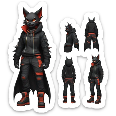 Cool Anthro Black Bat-Nargacuga-Litten-Lynx-Pokémon with edgy stripes hoodie spiked collar punk techwear Cargo Pants Full Body sticker
