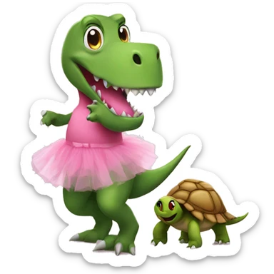 dinosaur wearing a pink tutu while holding a turtle sticker