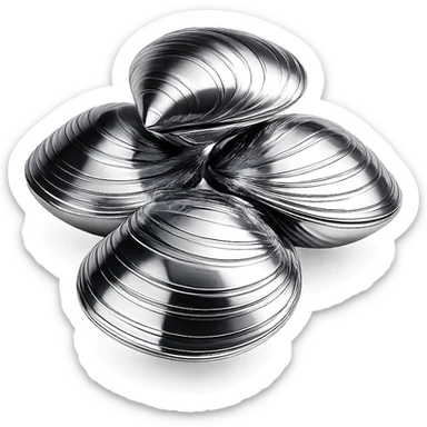 cluster of chrome clam shells, stacked and reflecting light, in chrome style sticker