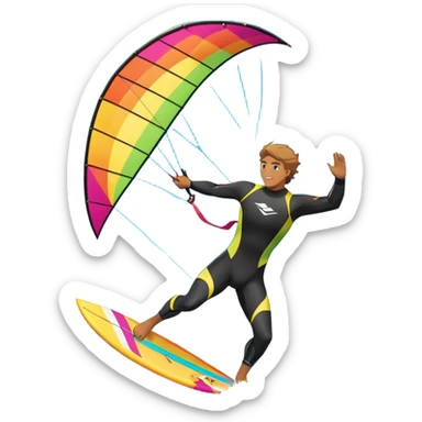 A kite surfer gliding across the ocean, with a colorful kite soaring high in the sky and the surfer carving through the waves. The scene captures the energy and freedom of the sport, with the sun shining and the ocean's waves splashing around. sticker