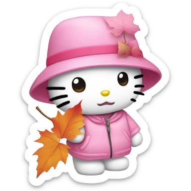 hello kitty holding pink autumn leaf sticker