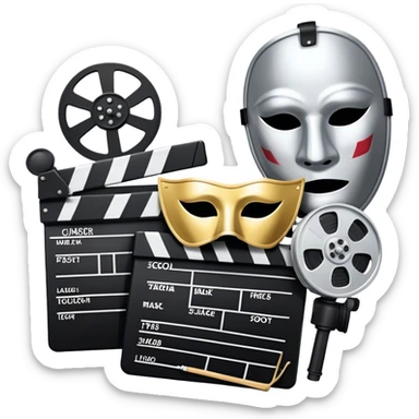 Icon for Acting in Theater and Movie: a stage with a spotlight and cinema, a film camera, a clapperboard and a dramatic mask. The design should represent both theatrical performance and cinematic art. Transparent background. sticker