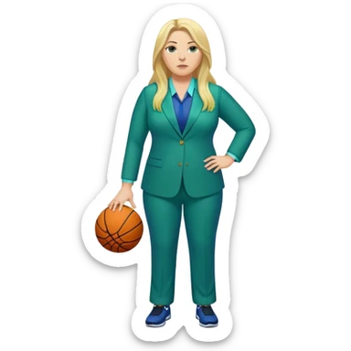 Full Body white plus size female basketball head coach with long blonde hair in a blue and green suit sticker