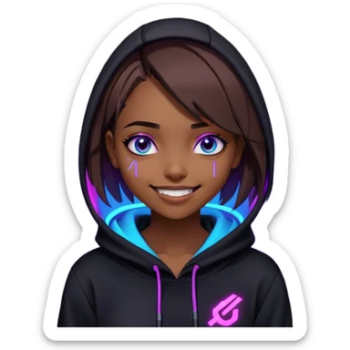 a girl with a brown bob and blue eyes in a black hoodie laughs and holds her head Cyberpunk style. Violet neon. sticker
