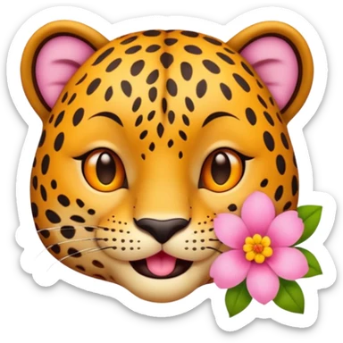 A leopard with smile and mouth closed, A pink flower with a yellow center is tucked behind its right ear
 sticker