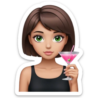 light brunette short hair girl black top holding a pink cosmo dark green eyes sticker