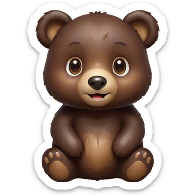 Cinematic Cute Bear Portrait Emoji, Head tilted playfully and inquisitively, featuring a glossy dark brown fur with a natural sheen and round, sparkling eyes filled with gentle curiosity, Simplified yet irresistibly adorable features, highly detailed, glowing with a warm, friendly glow, high shine, affectionate and mighty, stylized with a touch of woodland whimsy, bright and endearing, soft glowing outline, capturing the essence of a mischievous yet loving bear, so playful it feels like it could amble out of the screen and into your arms! sticker