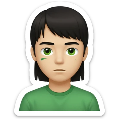 A boy with straight bangs covering his eyebrows, long hair at the back, black eyes, and brownish-black hair, wearing a green shirt the color of brilliant green antiseptic. sticker
