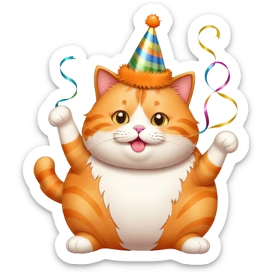 Fat orange cat with birthday hat and streamers sticker