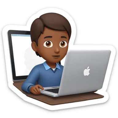 A dark-colored laptop with the screen open. From the screen, a person is emerging, standing or sitting as if giving a lecture or teaching. The person should look expressive and in a teaching pose. Soft shadows, semi-3D Apple emoji style, clean white background. sticker