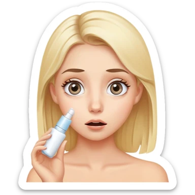blonde girl with grey eyes doing skincare with surprised face sticker