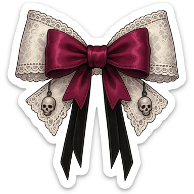 Edit the image to depict a white gothic bow with lace details, dark pink accents, and additional gothic elements such as tiny skull charms and black velvet ribbons. The style should be general to allow flexible editing. Remove the background. sticker
