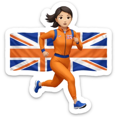 asian woman in orange sport suit and uk flag on the back holding it, running sticker