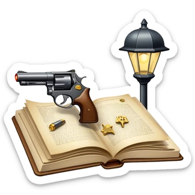 Icon for Action & Crime Reading: an open book with dramatic crime scenes—bullet holes on pages, a detective badge, a revolver and a getaway car. Surrounding elements include a flickering streetlight. Transparent background. sticker