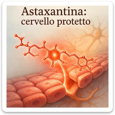hyper realistic glowing red astaxanthin molecule crossing a stylized blood-brain barrier, positive atmosphere, realistic details, with text 'Astaxantina: cervello protetto', light background sticker