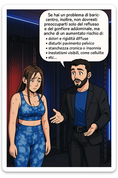 TRASFORMA QUESTO CAROSELLO IN UN FUMETTO STILE WEBTOON/MANGA A COLORI CON QUESTE DUE PERSONE IDENTICHE CHE INTERLOQUISCONO TRA LORO, L'uomo sta spiegando alla donna questo concetto:

Se hai un problema di baricentro, inoltre, non dovresti preoccuparti solo del reflusso e del gonfiore addominale, ma anche di un aumentato rischio di:
    • dolori e rigidità diffuse
    • disturbi pavimento pelvico
    • stanchezza cronica o insonnia
    • inestetismi visibili, come celluluite
    • etc… sticker