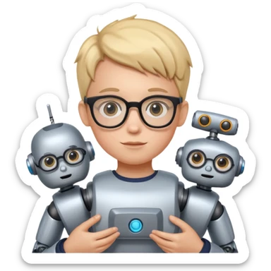 kid with glasses → holding a toy robot sticker