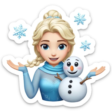 Cinematic Funny Elsa Portrait Emoji, Making a tiny snowman in her hands with a proud grin, looking smug as it dances, an unexpectedly hilarious moment of icy creativity! sticker