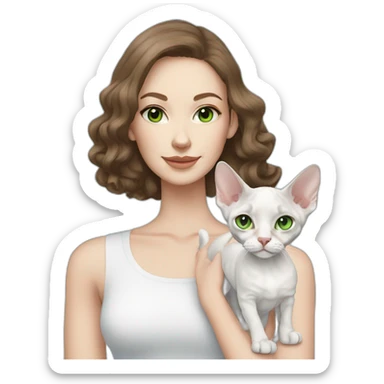 White brunette long hair woman with green eyes holding slim white devon rex with light blue eyes sticker