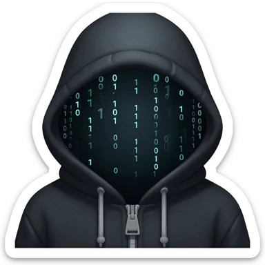 Binary system and "hacker" look, wearing a hoodie with the hood on, hide the hair under the hood, the hoodie is natural and black, no mask. Make it oriented around the numbers 0 and 1. sticker