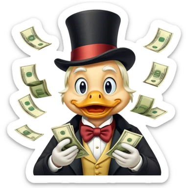 Scrooge McDuck counting money, rich duck character with top hat sticker