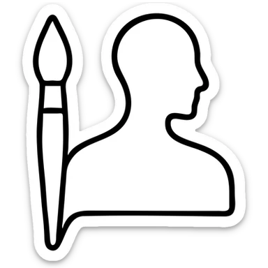 A paintbrush morphing into a polished silver human sculpture silhouette with bronze details, symbol of artistic identity sticker