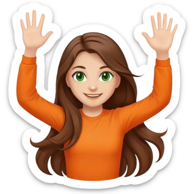 smiling girl with long brown hair, middle hair split, waving, green eyes, orange shirt sticker