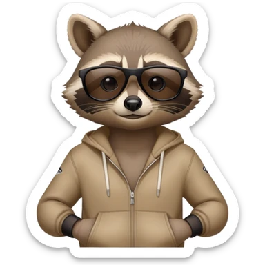 friendly anthropomorphised raccoon in sports wear, wearing dark sunglasses, relaxed pose, mafia style sticker