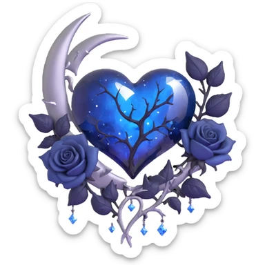 gothic heart, midnight blue glass, silver crescent moon, black roses, stardust, lightning, rain, cracked glass, metallic style sticker