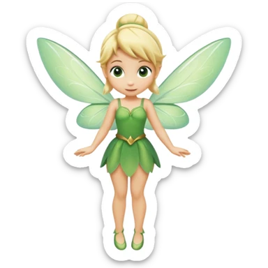 minimal Tinkerbell fairy with green dress and blonde hair, tiny wings, extremely simple sticker