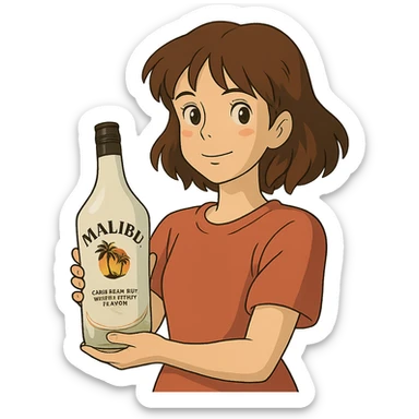 ghibli style young woman holding a bottle of Malibu sticker