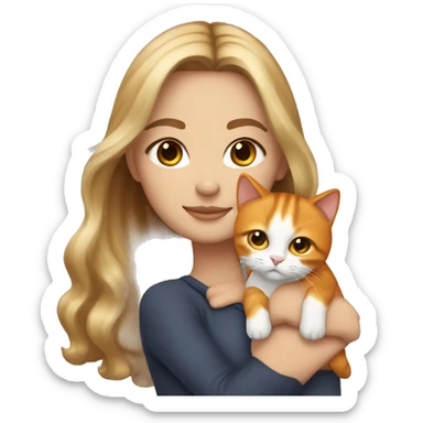 White girl with blonde balayage and brown eyes holding an orange cat sticker
