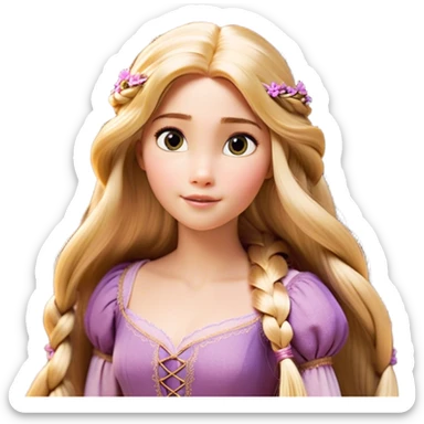 Cinematic Realistic Rapunzel Portrait, with porcelain-like skin featuring a subtle, natural glow, illuminated by soft lighting that brings out the gentle contours of her face. Her long, golden blonde hair cascades in detailed waves, each strand highlighted with a radiant shimmer as it catches the light. She playfully holds a flower in one hand, her other hand resting casually in her lap, with a warm and spirited expression. Her bright, expressive green eyes exude curiosity and warmth, framed by delicate lashes and soft, arched brows. She is dressed in her classic lavender and pink gown, the fabric textured with delicate folds that flow naturally, catching the light with a soft, radiant glow. The portrait captures a luminous, enchanting aura, seamlessly blending realism with a whimsical, fairytale charm, evoking a timeless sense of beauty and magic. sticker
