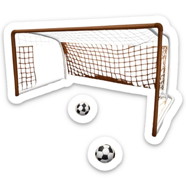 A close-up of footballs and a goal on a covered indoor futsal court with a wooden floor. The scene highlights the details of the balls and goalposts, with the smooth, polished court surface creating a clean and focused atmosphere for the game. sticker