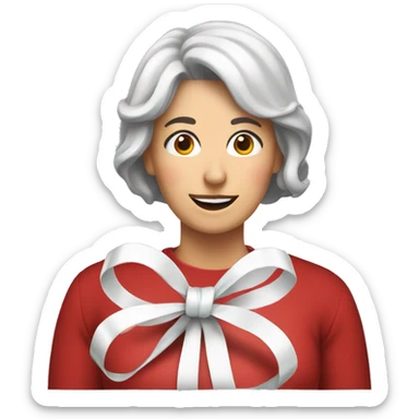 Middle aged woman learning how to tie a Christmas bow sticker