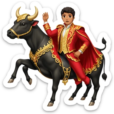 Create a realistic image of a traditional bullfighting scene in a Spanish arena.
Show a bullfighter (matador) in an ornate, gold-trimmed suit holding a red cape (muleta) as a powerful black bull charges toward it. sticker