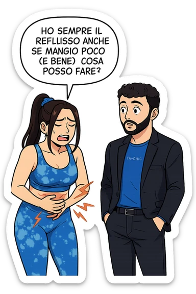 TRASFORMA QUESTO CAROSELLO IN UN FUMETTO STILE WEBTOON/MANGA A COLORI CON QUESTE DUE PERSONE IDENTICHE CHE INTERLOQUISCONO TRA LORO, LA DONNA è DISPERATA CON LE MANI sulla pania perché soffre di reflusso E STA DOMANDANDO TUTTA AGITATA UNA COSA ALL'UOMO:

LEI (DONNA): Ho sempre il reflusso anche se mangio poco (e bene), cosa posso fare?
 sticker