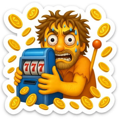 Make the disheveled man look even more desperate with wild eyes, frantic expression, sweating, clutching the slot machine, coins flying everywhere. Style: apple emoji style. sticker
