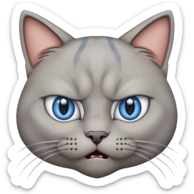 angry grey cat blue small slanted eyes. iphone real emoji style, made the cat look challenging sticker