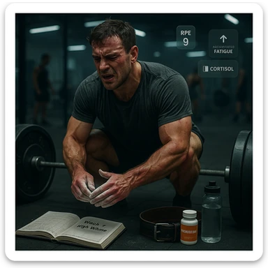 A muscular man in his early 30s, mid-workout in a gym, sweating heavily, expression showing fatigue and strain but still focused. He’s performing heavy barbell squats or deadlifts, with chalk-covered hands, and a visible training logbook nearby showing notes like 'Week 4 – High Volume'. Slight dark circles under his eyes, subtle red irritation around joints and tendons, symbolizing overuse. A water bottle, magnesium supplement, and lifting belt on the floor. Background: a real gym environment with other athletes, slightly blurred. Ambient lighting: cool tones with overhead gym lights. Optional floating icons showing high RPE, accumulated fatigue, cortisol levels slightly elevated. Style: cinematic realism, emotionally intense yet grounded in sports physiology. sticker