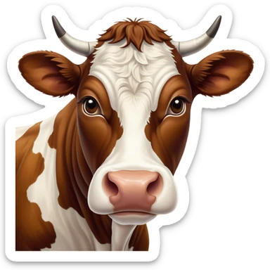 Cinematic Noble Brown and White Cow Portrait Emoji, Poised and regal, with a large, sturdy build and a beautifully patterned hide of rich brown accented by crisp white patches, deep-set soulful brown eyes, Simplified yet sharp and sophisticated features, highly detailed, glowing with a soft, dignified glow, high shine, intelligent and calm, stylized with an air of pastoral majesty, focused and attentive, soft glowing outline, capturing the essence of a watchful and confident bovine guardian, so majestic it feels as though it could amble out of the screen with effortless authority! sticker