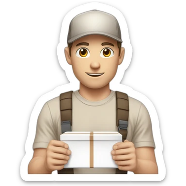 Pale skinned fit Man with dark brown hair in a beige cap, gray jeans, brown polo and white T-shirt keeping a pasted with tape white box into his hands sticker