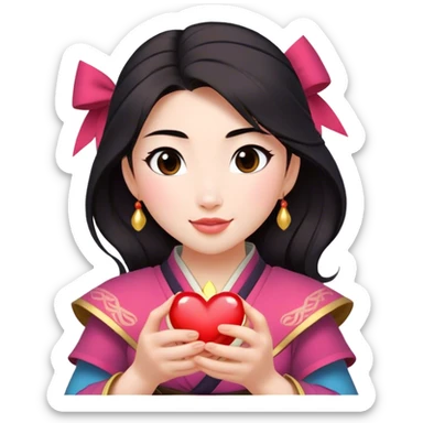 Cinematic Adorable Mulan Portrait Emoji, Playfully holding Cri-Kee in her hands, eyes sparkling with mischief, soft rosy cheeks, a warrior with a heart full of charm, radiant in the morning sunlight, glowing with warmth and joy! sticker