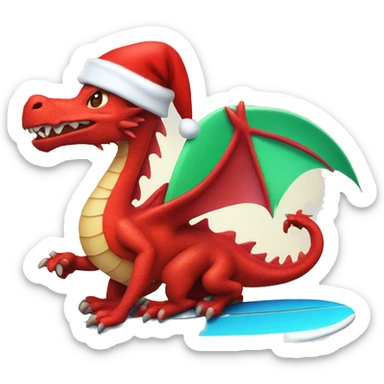 Red cartoon dragon riding a surfboard with a Santa hat on sticker