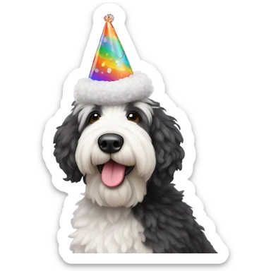 Sheepadoodle wearing a birthday hat sticker